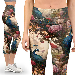 Victorian Vintage Peacock Pattern Capri Yoga Leggings