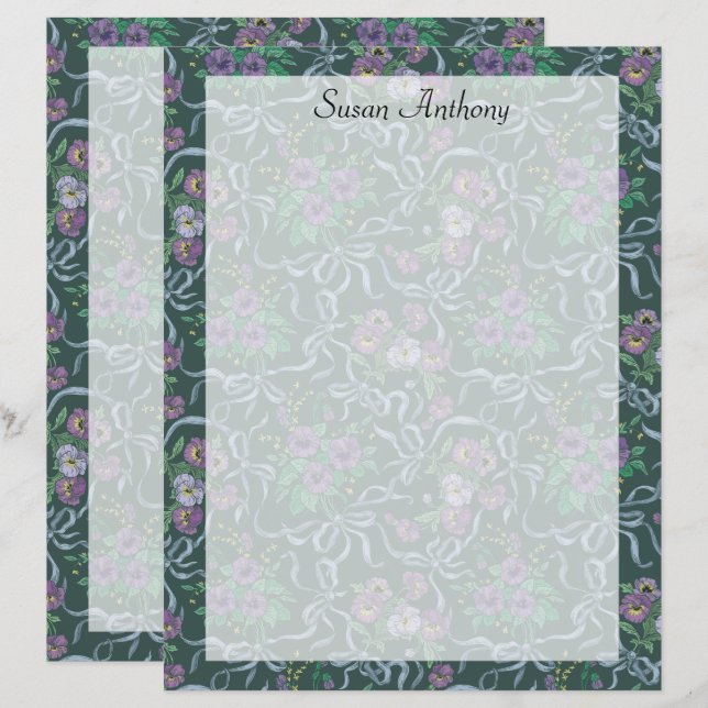 Victorian Vintage Purple Pansies Blue Ribbon Paper (Front/Back)
