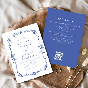 Victorian Vintage QR Code Blue Floral Wedding Invitation