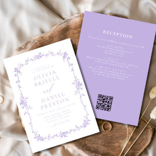 Victorian Vintage QR Code Lilac Purple Wedding Invitation