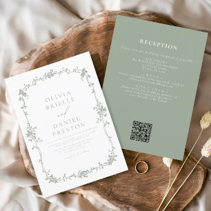 Victorian Vintage QR Code Sage Green Wedding Invitation