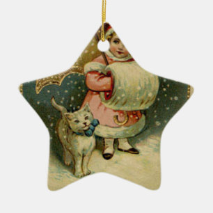 Victorian Vintage Retro Child and Cat Christmas Ceramic Tree Decoration