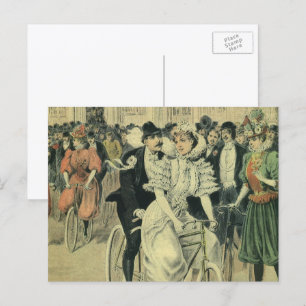 Victorian Wedding Bride and Groom Newlywed Bicycle Postcard