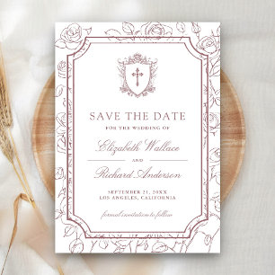 Victorian White and Dusty Rose Catholic Wedding Save The Date