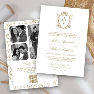 Victorian White and Gold Catholic QR Code Wedding Invitation