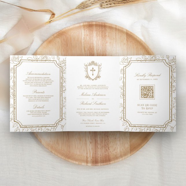 Victorian White and Gold Catholic QR Code Wedding Tri-Fold Invitation (Creator Uploaded)