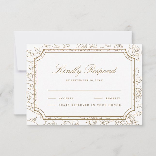 Victorian White and Gold Floral Line Art Wedding RSVP Card (Front)