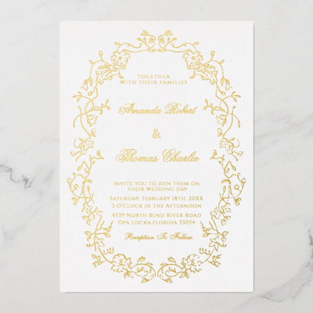  Victorian White and Gold Wedding Invitation (Front)