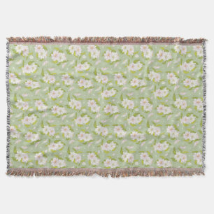 Victorian White Flower on Green Pattern Throw Blanket
