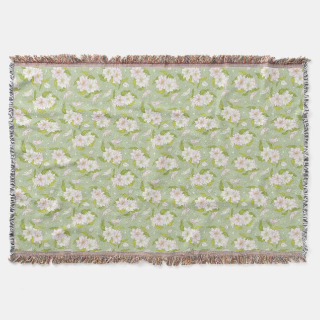 Victorian White Flower on Green Pattern Throw Blanket (Front)