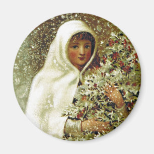 Victorian winter girl holly berry branches snow magnet