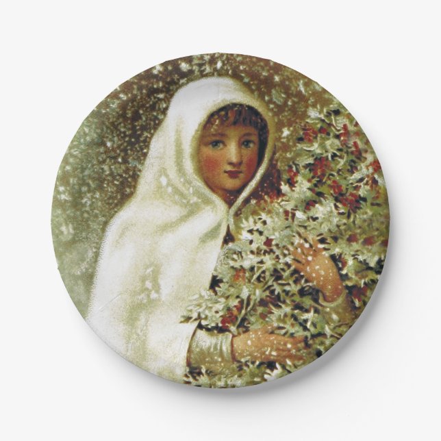Victorian winter girl holly berry branches snow paper plate (Front)