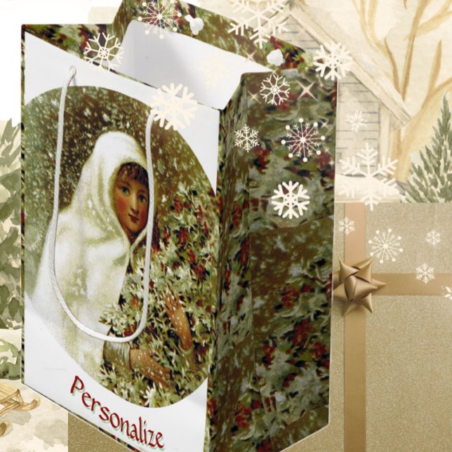 Victorian winter girl holly berry snow medium gift bag (Creator Uploaded)