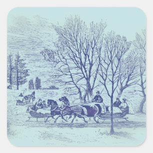 Victorian winter scene in blue square sticker