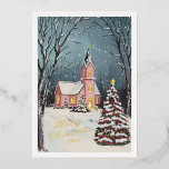 Victorian Winter Scene Non Photo Christmas<br><div class="desc">Pink chapel on a snowy evening with decorated christmas trees; "merry christmas" in ribbon style in gold foil,  open full editor to delete and add your own greeting. Editable year on front and text on back. Original illustration by Becky Nimoy.</div>