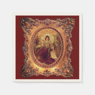 Victorian woman elegant frame burgundy red gold napkin