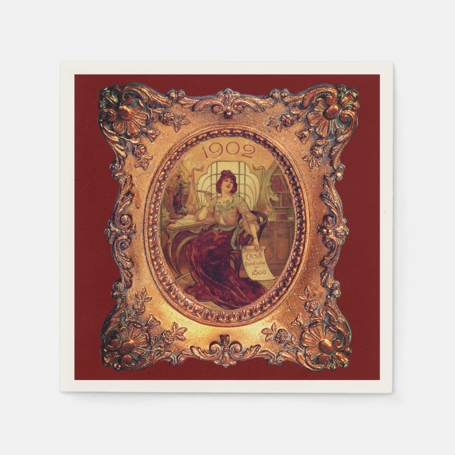 Victorian woman elegant frame burgundy red gold napkin (Front)
