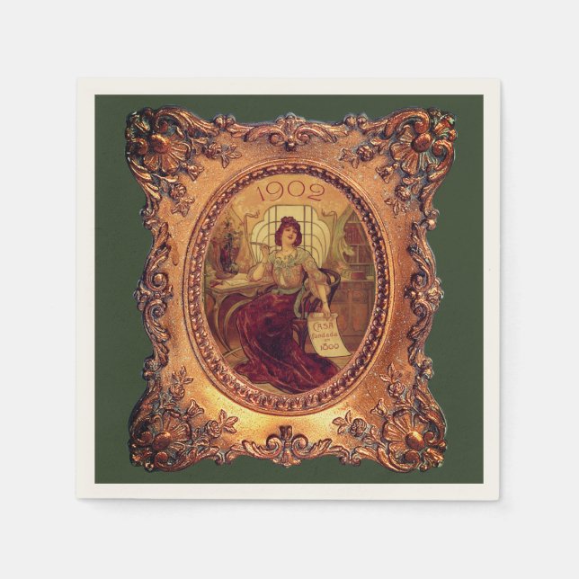 Victorian woman elegant frame green gold napkin (Front)