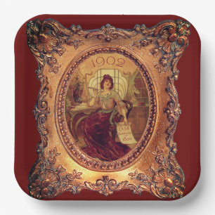 Victorian woman elegant gold picture frame red paper plate