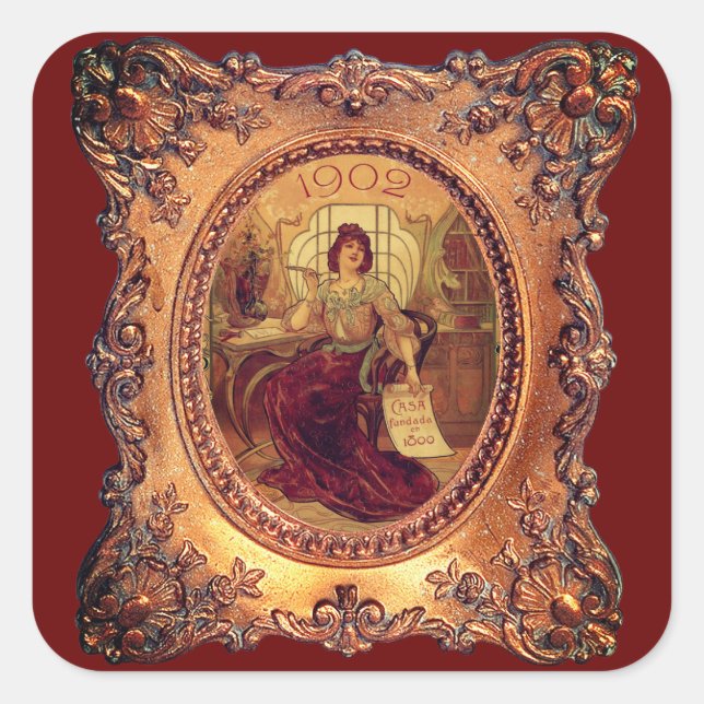 Victorian woman elegant Victorian frame gold red Square Sticker (Front)