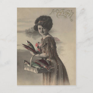 Victorian Woman Fish Poisson d'avril April Fool's Postcard