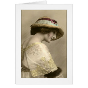 victorian woman hat beaded dress