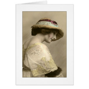 Victorian woman in hat and beaded dress