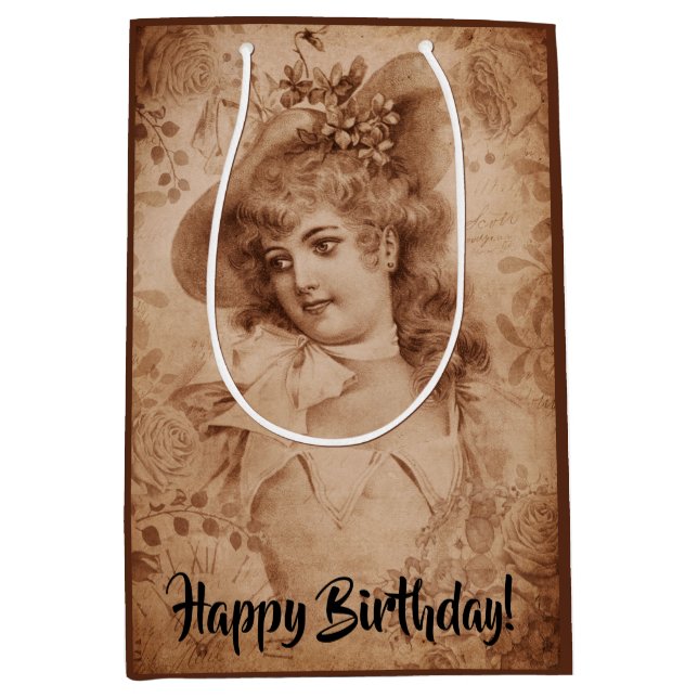 Victorian Woman in Hat Flowers Sepia Monochrome Medium Gift Bag (Front)