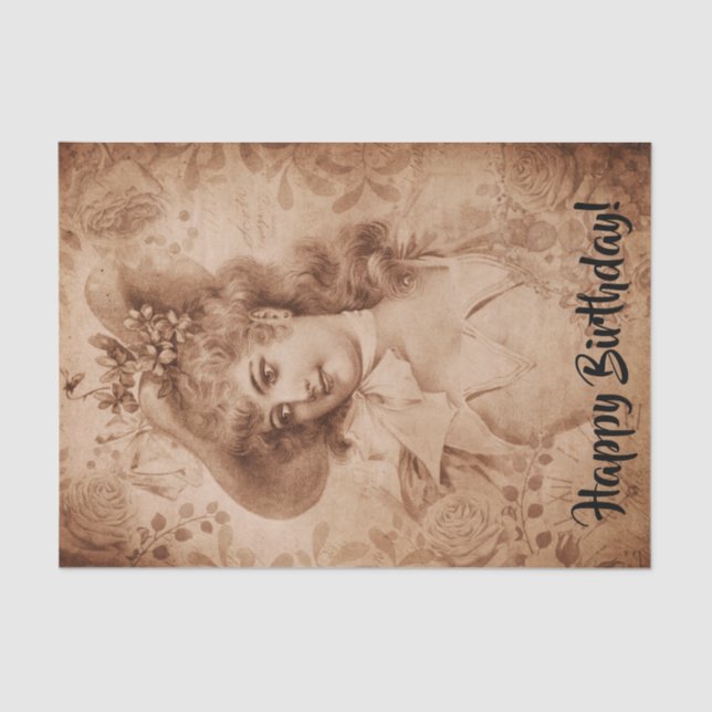 Victorian Woman in Hat Flowers Sepia Monochrome Tissue Paper (Front)