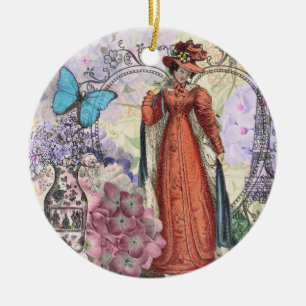 Victorian Woman in Red Colourful Fashion Ceramic Tree Decoration