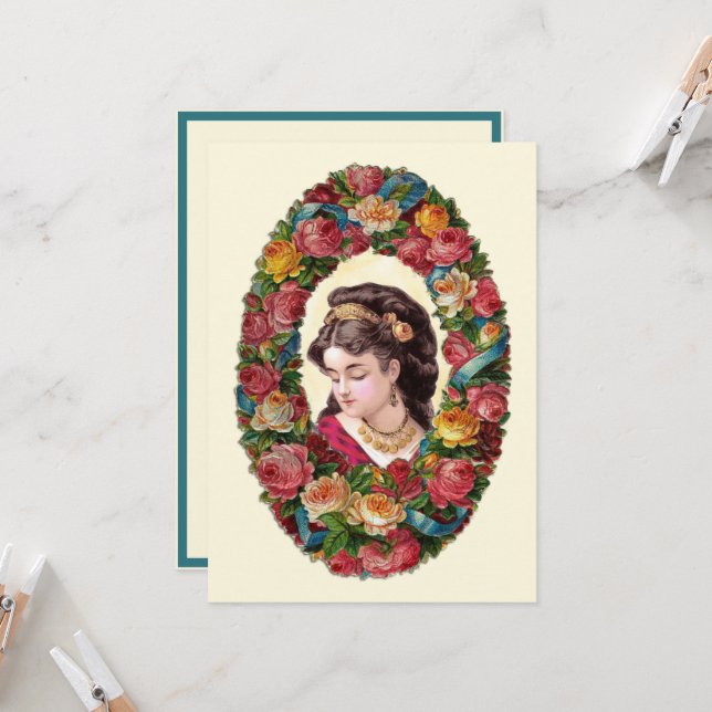 Victorian Woman Inside Multicolor Rose Wreath Card (Front/Back In Situ)