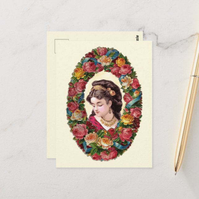 Victorian Woman Inside Multicolor Rose Wreath Postcard (Front/Back In Situ)