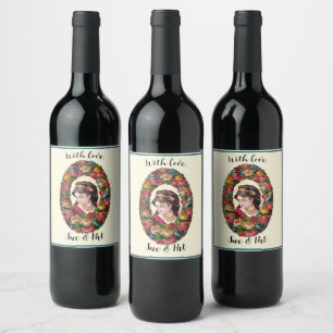 Victorian Woman Inside Multicolor Rose Wreath Wine Label