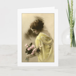 Victorian woman pink roses, romantic card