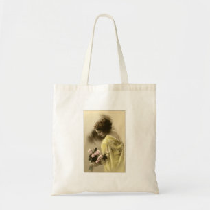 Victorian woman pink roses, romantic tote bag