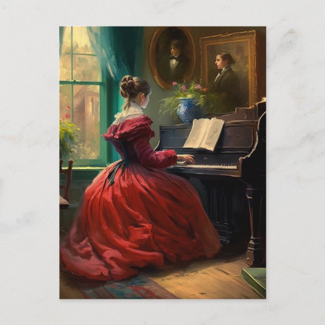 Victorian woman playing the piano, oil painting postcard (Front)