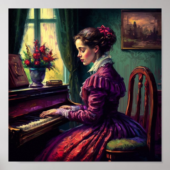 Victorian woman playing the piano, oil painting poster (Front)