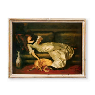 Victorian Woman Reading With Dog, Neutral Tones Poster