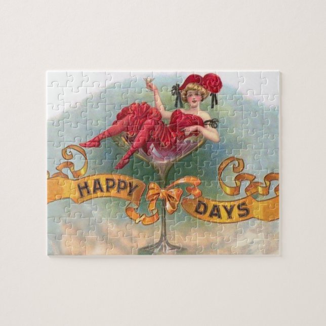 Victorian Woman Red Champagne Happy Jigsaw Puzzle (Horizontal)