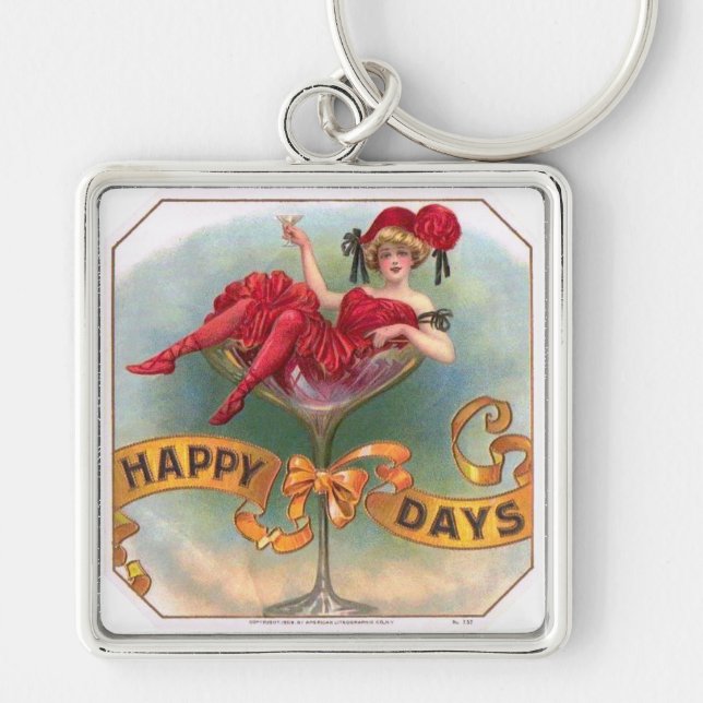 Victorian Woman Red Champagne Happy Key Ring (Front)