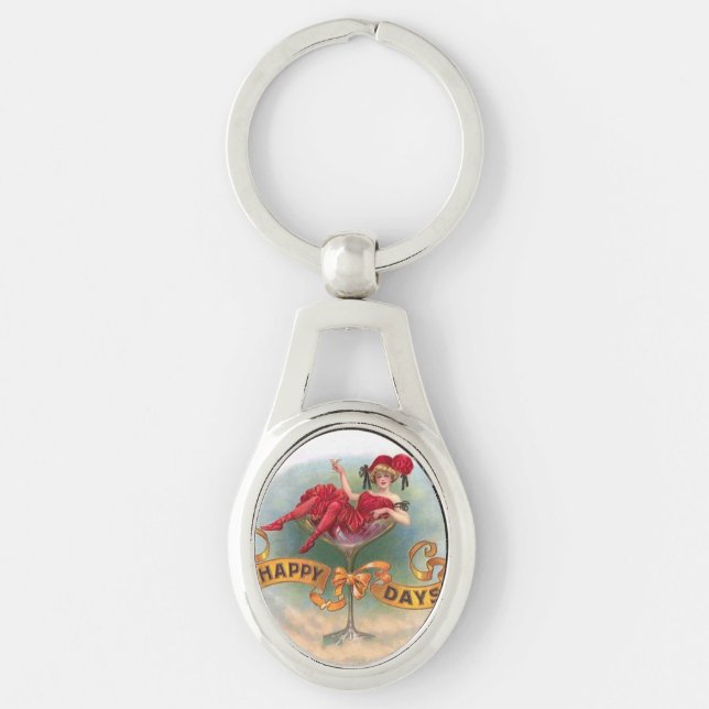 Victorian Woman Red Champagne Happy Key Ring (Front)