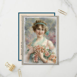 Victorian Woman w/ Roses on Watercolor Background Invitation Postcard