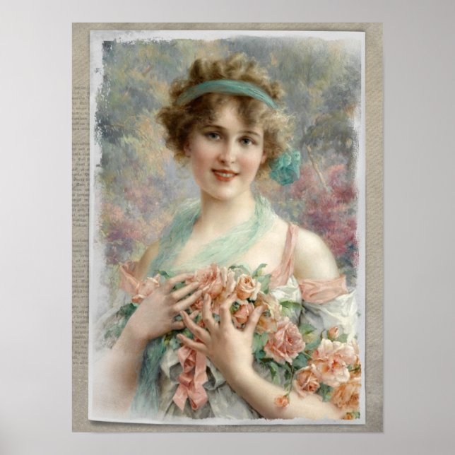 Victorian Woman w/ Roses on Watercolor Background Poster (Front)