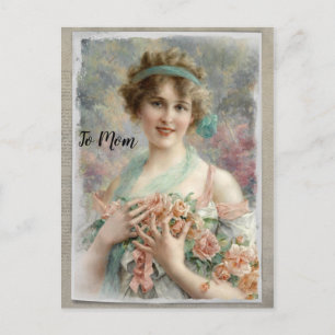 Victorian Woman w/ Roses on Watercolor Postcard