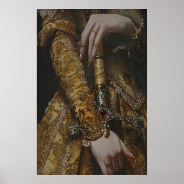 Victorian Woman with Sword in Gold Gown Medieval Poster (Front)