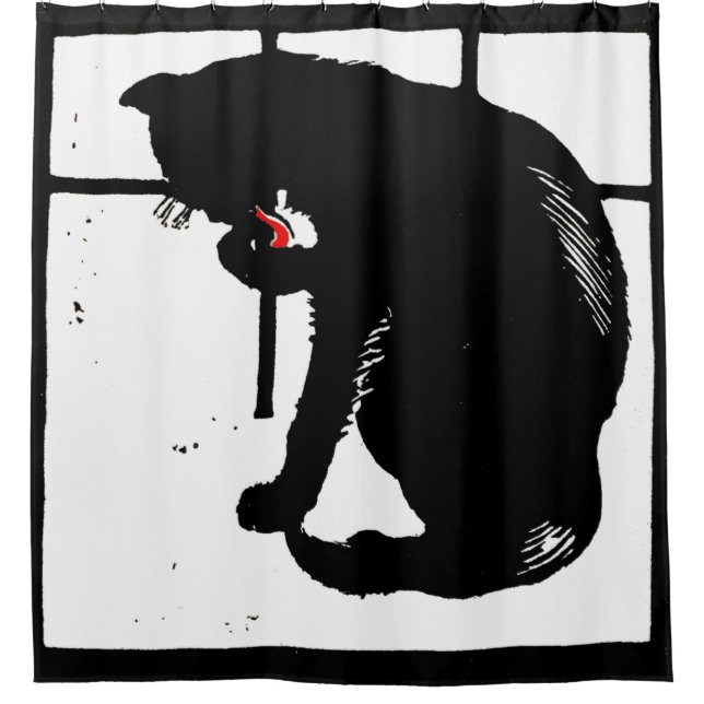 Victorian Woodcut Farm Animal Black Cat Shower Curtain (Front)