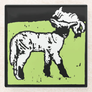 Victorian Woodcut Farm Animal Lambs Glass Coaster