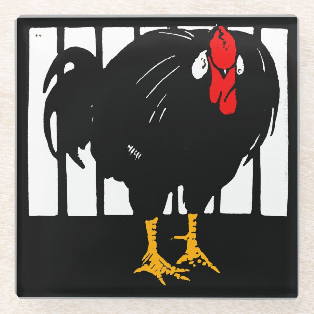 Victorian Woodcut Farm Animal Rooster Glass Coaster (Front)