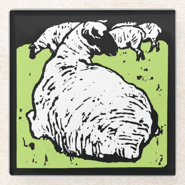 Victorian Woodcut Farm Animal Sheep Glass Coaster (Front)