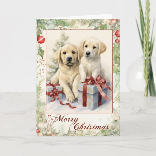 Victorian Yellow Labrador Puppy Christmas Holiday Card (Front)